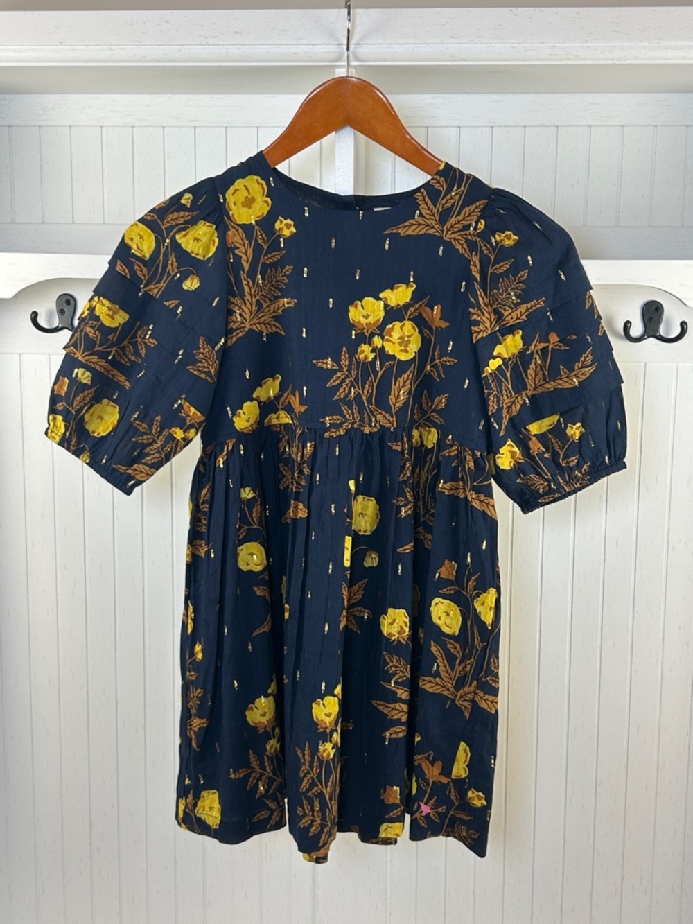 Pink Chicken Avery Floral Boho Dress Navy Yellow Metallic Puff Sleeve Girls 6